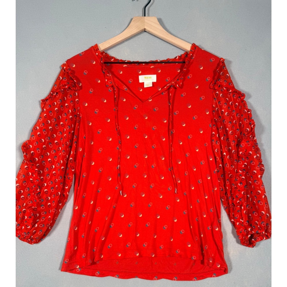 Maeve Anthropologie Red Geometric Print Mixed Media Pleated Sleeve Boho Blouse